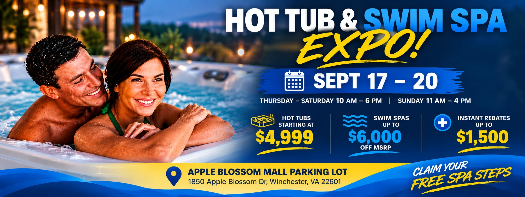 Winchester Hot Tub and Swim Spa Expo, September 17–20 at Apple Blossom Mall. Hot tubs starting at $4,999, swim spa savings up to $6,000 off MSRP, and instant rebates up to $1,500. Claim your free spa steps coupon.